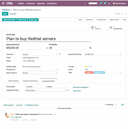 Planering av inköp, detaljer. CRM. Del av gränssnittet för hantering av aktivitet.