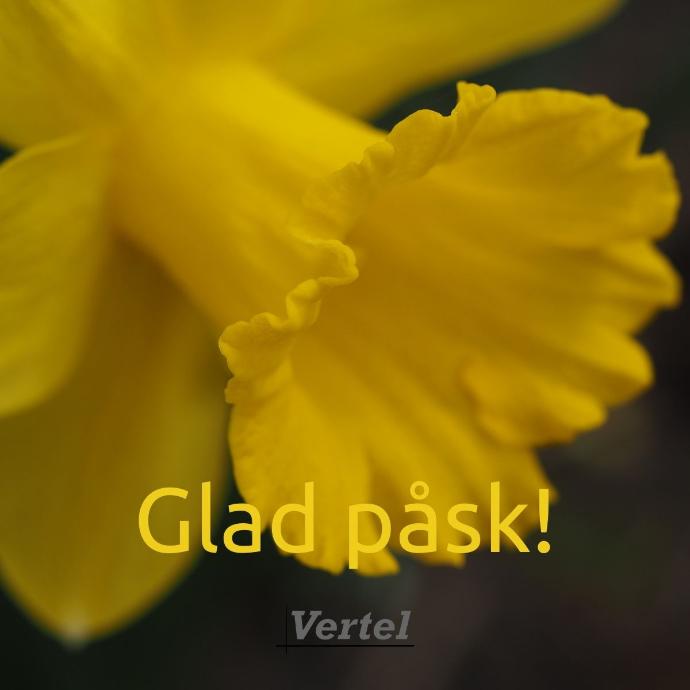 Gul påsklilja på mörk bakgrund och texten Glad påsk samt Vertels logga. Vertel arbetar med affärssystemet Odoo i Sverige. Vi erbjuder lösningar för CSRD, ledningssystem, AI, CRM, produktion, webb och e-handel, industri och mycket mer. Odoo är fri programvara och ett modulärt system som möjliggör flexibla och kostnadseffektiva lösningar för små och stora företag och organisationer.